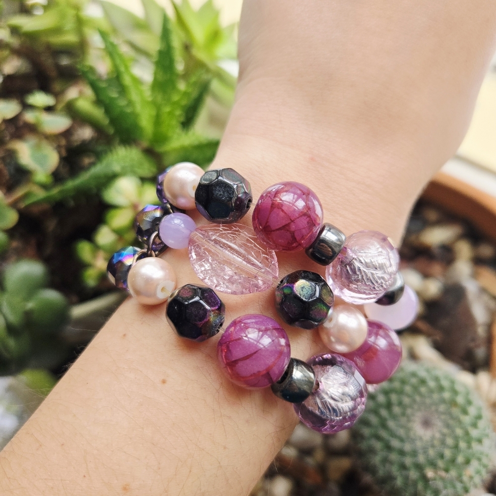 Vintage Purple & Pink Oversized Boho Bohemian Bead Layer Beaded Stretch Bracelet - Picture 6 of 11